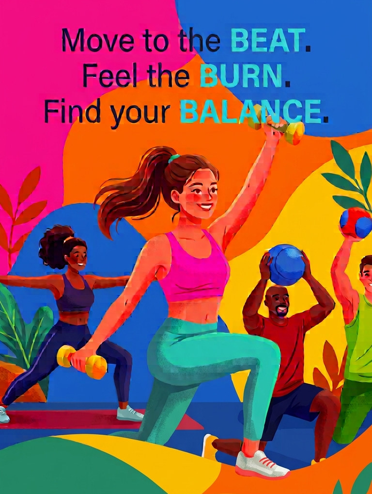 Bunte Grafik mit Personen, die verschiedene Fitness-Sportarten ausführen. Titel auf dem Bild lautet: Move to the BEAT. Feel the BURN. Find your BALANCE.